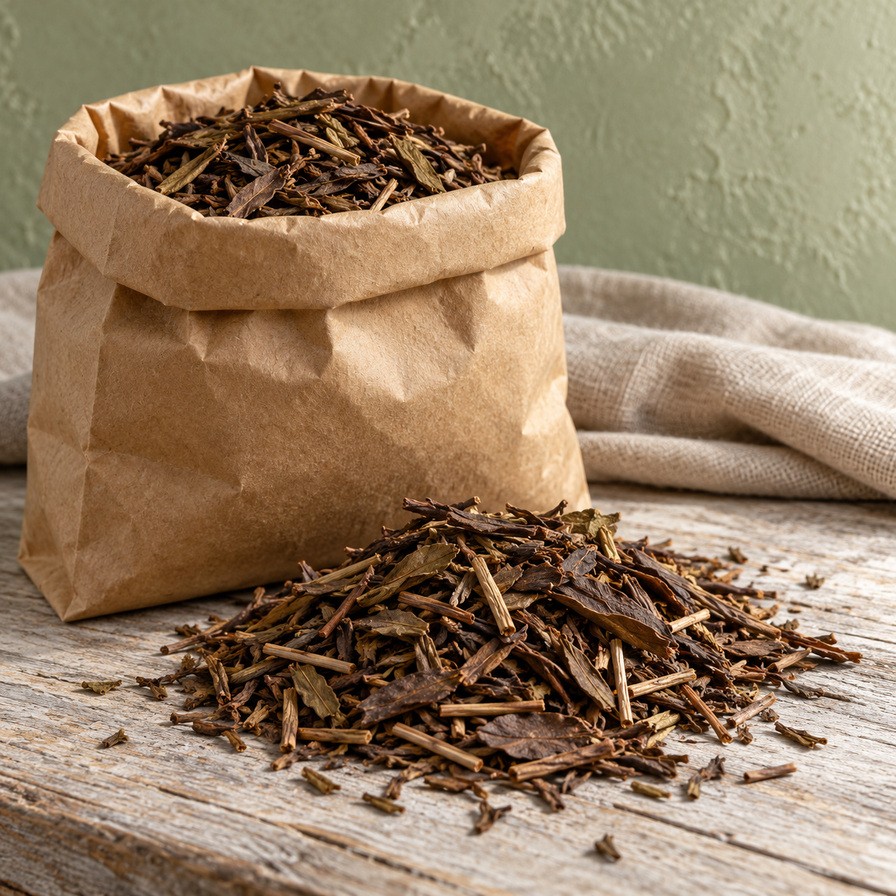 Gesztenyebarna pörkölt hojicha levél és szárdarabok egy kraftpapír tasak előtt